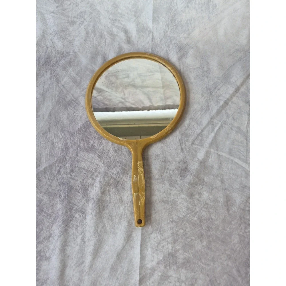 Vintage Large Hand Held Vanity Mirror with Floral Design 1950s Gold Tan